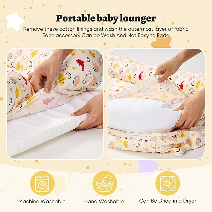 Miereirl Baby Lounger for Newborn, Dock A Tot & Baby Lounger Pillow with Soft Cotton, Infant Lounger for 0-24 Months, Baby Nest Lounger, Essentials Gifts Nest Cover - Dino