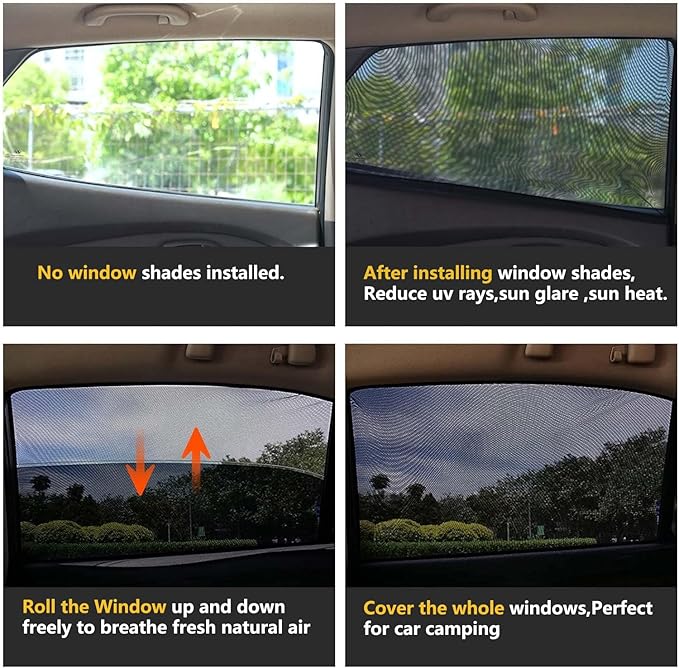 Car Rear Side Window Shadows for Small,Medium Sedan Car Only, Breathable Mesh Stretch Sun Shade Screens Covers ffor Camping, Anti-Sun Glare, Reduce UV Rays, Privacy Protection, 2 Pack