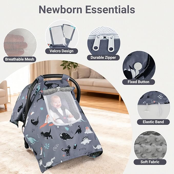 Car Seat Cover Baby, Carseat Covers Baby with 2 Layers Breathable Zipper Windows, Windproof Infant Car Seat Cover, Kick-Proof Baby Carrier Cover for Baby Boy Newborn Essentials