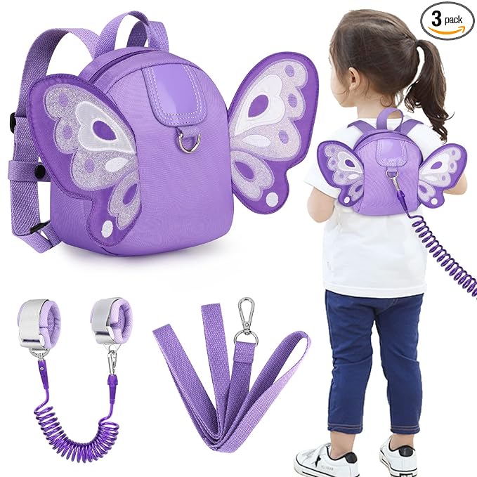 Accmor Toddler Harness Backpack Leash, Cute Butterfly Kid Backpacks with Anti Lost Wrist Link, Mini Child Backpack Harness Leashes Walking Wristband Travel Bag Harness Rein for Baby Girls (Purple)