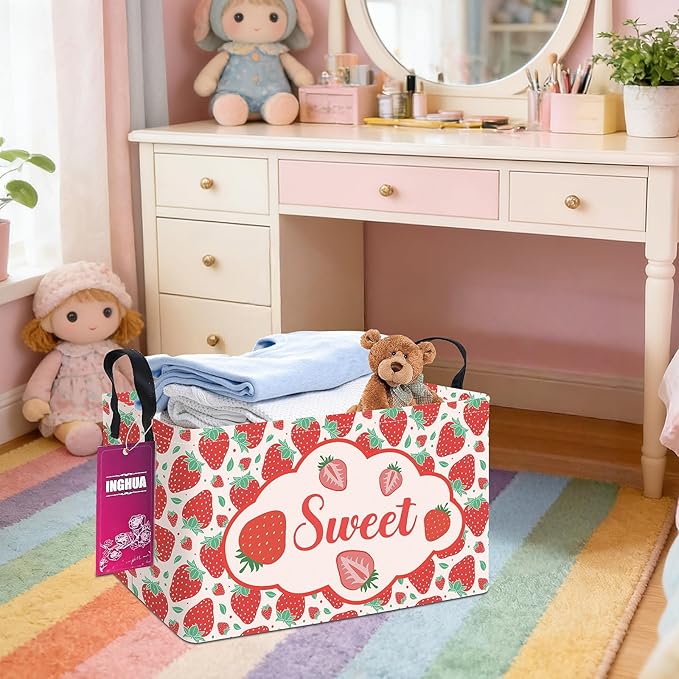 INGHUA Rectangular Storage Basket Fabric Organizer Bin for Toys,Books,Clothes,Gifts,Pets-Perfect for Home,Office,Nursery,Dorm,Shelf(Rec-strawberry)