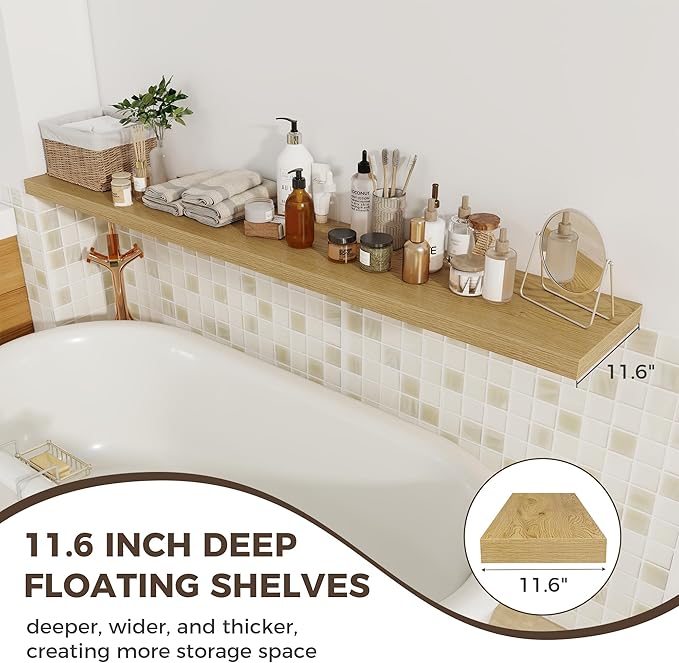 Fun Memories Deep Floating Shelves, 72 x 12 Inch Long Wall Shelves, Large Display Shelf & Storage Shelf, Wood Floating Wall Shelves for Fireplace Mantel, Living Room, Home Office - Set of 2