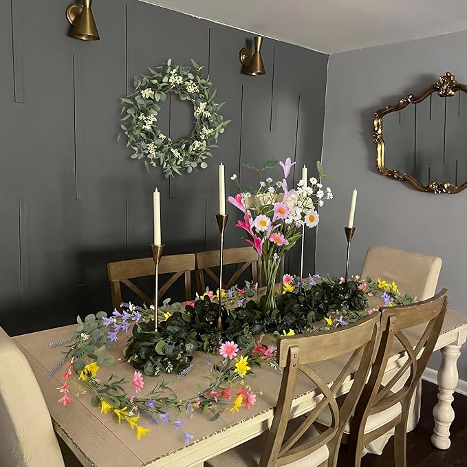 Pinkpum 20'' Eucalyptus Wreath 6FT Daisy Flower 17'' Artificial Silk Flowers Set 6 for Front Door Floral Fireplace Table Hanging Porch Wall Home Decor Farmhouse Indoor Outdoor Summer Spring Garland