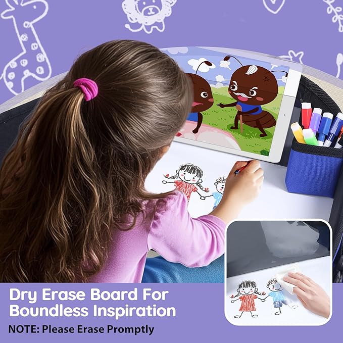 Kids Travel Tray for Car Seat, Toddler Road Trip Essentials with Dry Erase Board & Storage Organizer, Portable Carseat Lap Desk for Travel Activities, Blue