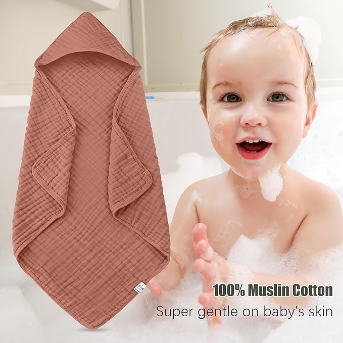 Spotted Play 2 Pack Hooded Baby Towels - 100% Muslin Cotton for Newborns, Infants, Toddlers - Large 32x32 Inch Size - Highly Absorbent and Essential for Newborn Care, Deep Bean Paste