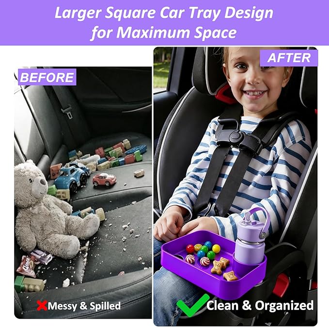 Car Seat Snack Tray for Kids, Mess-Free Square Travel Tray Cup Holder Snack Tray, Durable Car Food Tray for Toddlers, Universal Fit Kids Travel Road Trip Essentials (purple)