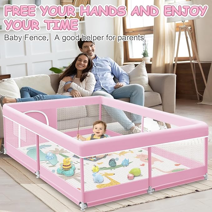 XVISHX Baby Playpen with Mat, 50 x 50 Inch Playpen for Babies and Toddlers, Baby Playard for Indoor & Outdoor Active Center Game Fence, with Skin-Friendly Fabric and Soft Breathable Mesh, Pink