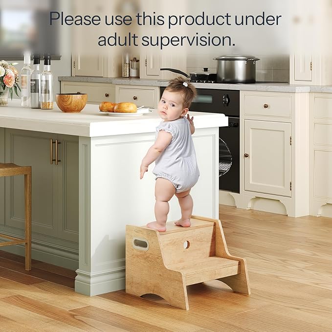 HOOBRO Wooden Step Stool, Two Step Stools Toddler for Potty Training, Natural Two Step Stool for Bedroom, Kitchen, Bathroom, Children's Stool with Handles and Safety Non-Slip Pads, Natural NL05JD01