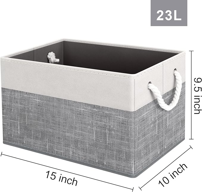 Fab totes Storage Bins [4-Pack], Foldable Storage Baskets for Organizing Toys, Books, Shelves, Closet, Large Storage Box with Rope Handles, Sturdy Organizer Bins, White & Grey