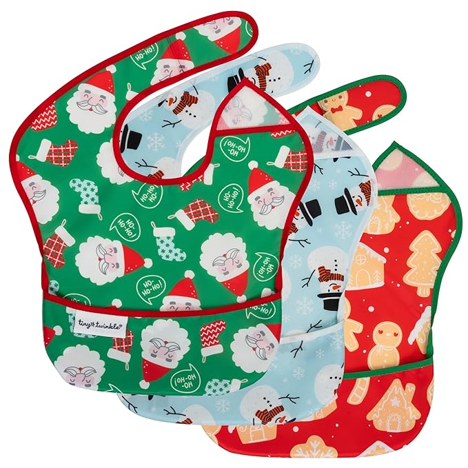 Tiny Twinkle Mess-Proof Baby Bibs for Eating | Waterproof, Wipeable Toddler Bibs with Catch-All Pocket | Feeding Bibs for Girls & Boys(3 Pack,Christmas)