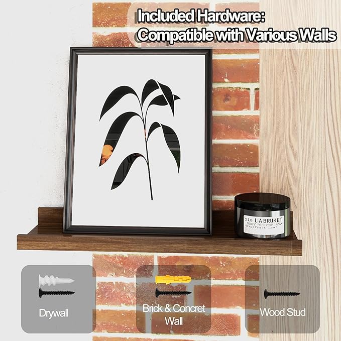 Floating Shelves for Wall Decor, Wall Mounted Wood Storage Shelf for Bedroom, Living Room, Bathroom, Kitchen, Nursery, Display Picture Ledge Shelf with Lip Set of 2-14 Inches, Walnut