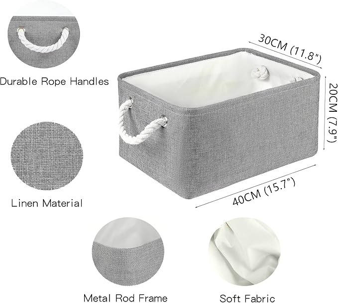 LordCom Storage Bins with Sturdy Cotton Handles(1 Pack), Fabric Storage Baskets for Organizing use for Office & Home, Book, Clothes, Toys, Closet Boxes (Large, Grey, 15.7x11.8x7.9 inches)