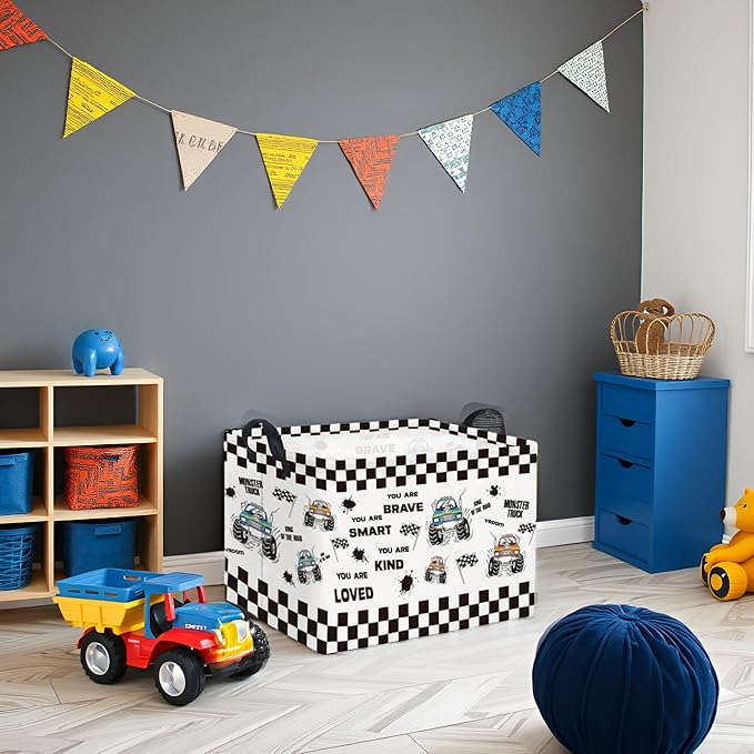 TIBAOLOVER Rectangular Kids Storage Basket Baby Storage Basket with Handles for Home Kitchen Boys and Girls Cute Toy Storage Bin Organizer Shelf Book Room Decor(Flag Truck)