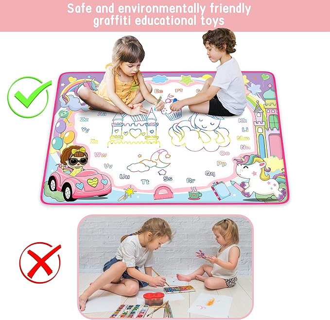 Water Doodle Mat- Kids Painting Writing Doodle Board Toy - Color Drawing Mat Bring Magic Pens Educational Toys for Age 2 3 4 5 6 7 8 9 Year Old Girls Boys Toddler Present