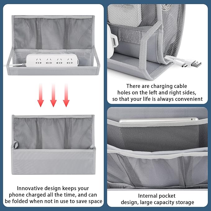 Retyion Bedside Storage Organizer with Power Strip Holder and Adjustable Straps Bed Hanging Bag for Home Bunk Bed Dorm Sofa (Light Gray)