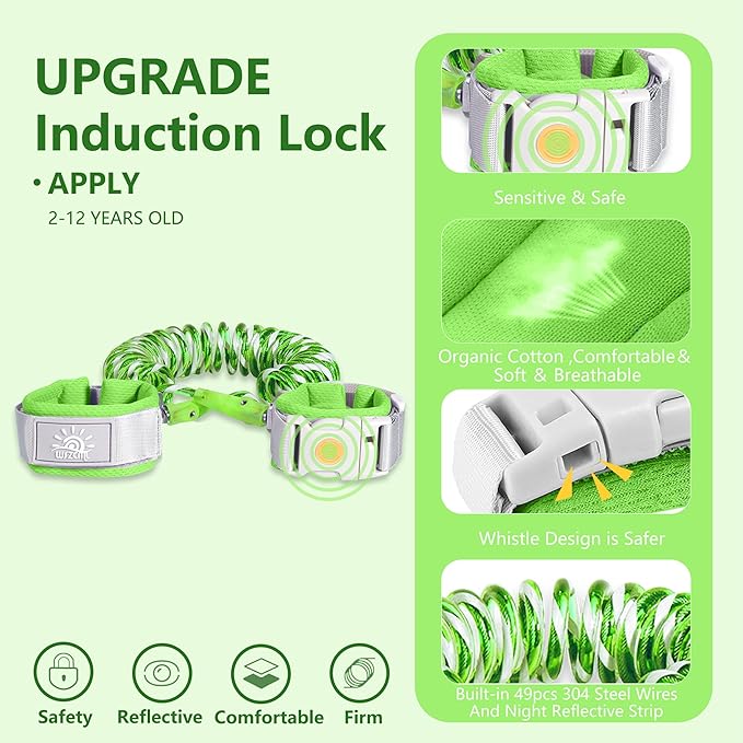Anti Lost Wrist Link,Toddler Harness Walking Leash with Induction Lock,Reflective Child Wrist Leashes for Baby,6.56ft Kids Leash for Supermarket Mall Airport Amusement Park Zoo Travel（Green）
