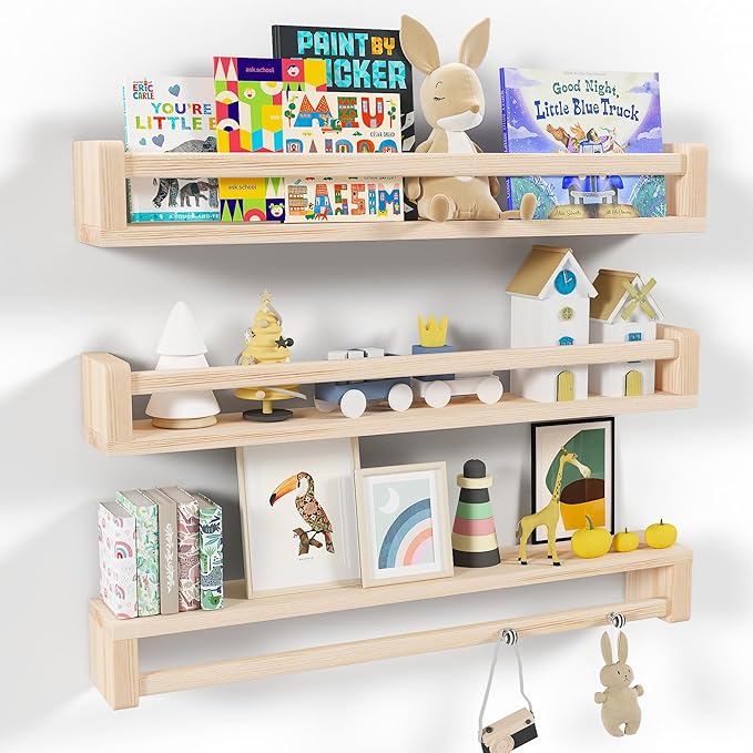 Heimlove Nursery Floating Shelves, Solid Wood Nursery Book Shelves for Wall, 32 inch Bookshelf for Kids, Wall Mounted Shelves for Books, Toys and Decor Storage, Set of 3