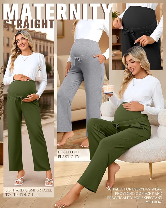 3 Pcs Maternity Sweatpants Over The Belly Pregnancy Straight Wide Leg Elastic Drawstring Pants Joggers with Pockets