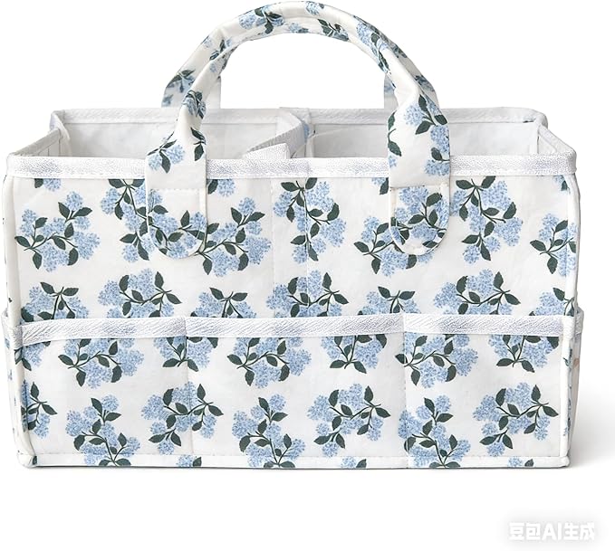 birowtec Floral Diaper Caddy Organizer with Removable Dividers Blue Flower Baby Nappy Caddy for Nursery/Car/Changing Table, Decorative Storage for Newborn Essentials Gift for New Mom