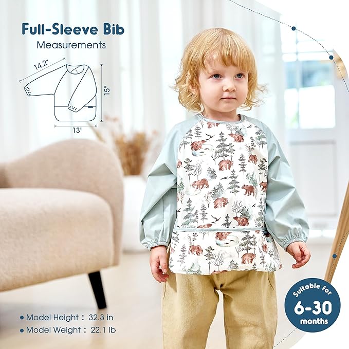 GRSSDER 2 Pack Long Sleeve Baby Feeding Bibs, Super Soft Lightweight Waterproof Coverall Baby Led Weaning Bib with Large Food Catcher Pocket, Adjustable and Easy Clean for 6-30 Months