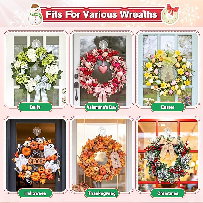VIS'V Wreath Hanger, Large Suction Cup Wreath Hooks with Wipes, Heavy Duty, 22 LB Capacity, Removable and Reusable, Clear, 4 Pcs