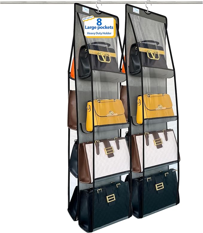Purse Organizer for Closet 2 Pack, Over the Door Purse Storage with Heavy Duty Metal Hooks, Wall Mounted Handbag Storage Holds up to 16 Bags - Bag Rack for Closet, Door