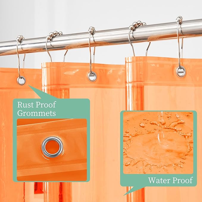 Mrs Awesome Clear Orange Shower Curtain Liner with 3 Magnets, 72x72 Premium Flexible Sturdy Plastic Shower Curtain for Bathroom Lightweight & Waterproof, Clear Orange