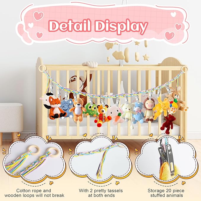 2PCS Stuffed Animal Hammock Corner, 78 Inch Stuff Animal Organizer Stuffed Animal Storage for Room Decor, Hanging Stuffed Animal Net Holder for Wall or Corner Collection