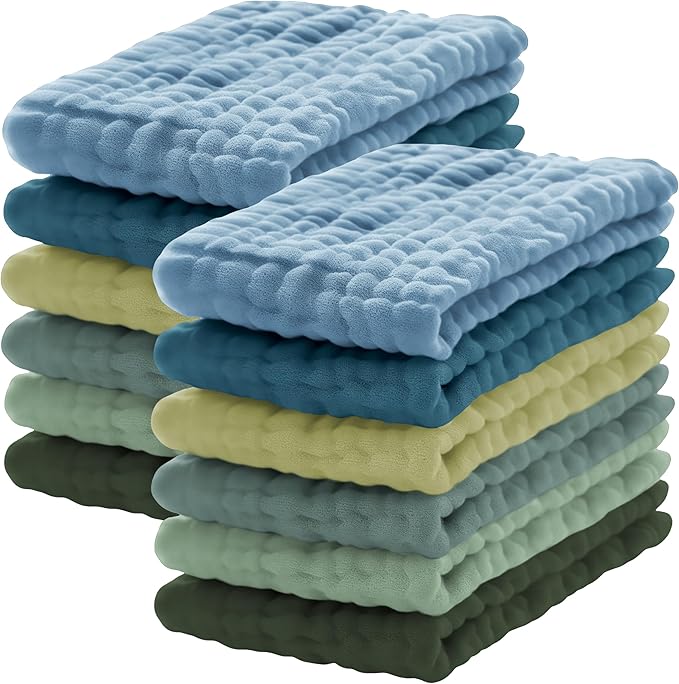 Lovely Care 12 Pack Muslin Burp Cloths 100% Cotton Muslin Cloths Large 20''x10'' Extra Soft and Absorbent Baby Burping Cloth - Sage, Teal and Blue