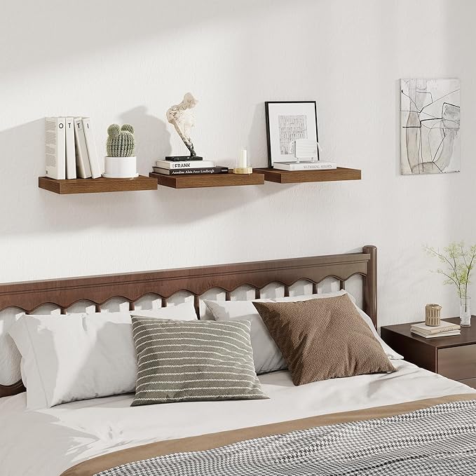 Fun Memories 12 Inch Deep Floating Shelves, 16 x 12 Wooden Wall Shelves, Extra Deeper & Thicker Rustic Wall Mounted Storage Shelf for Fireplace, Living Room, Kitchen, Farmhouse, Walnut - 3Pack