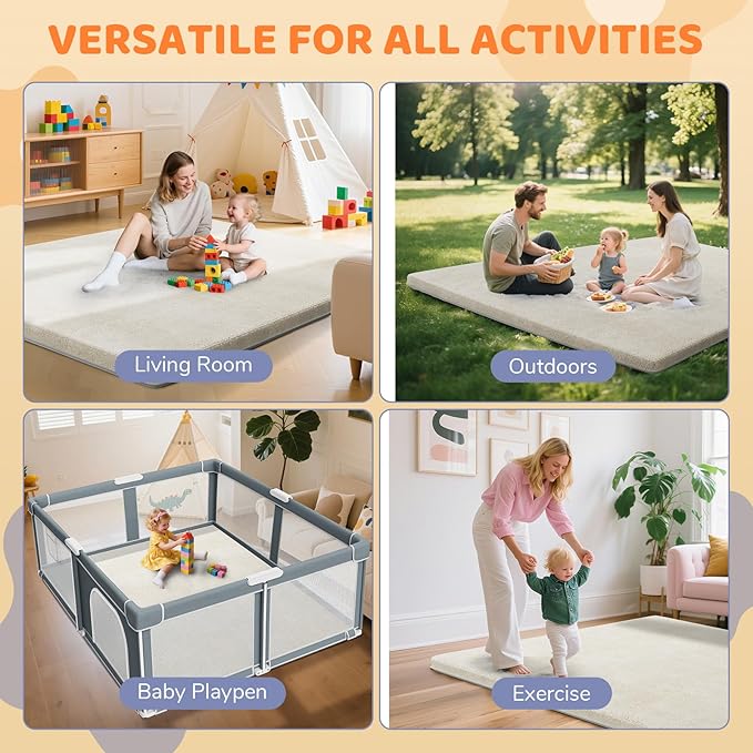 Omzer Baby Play Mat for Floor: Soft & Safe - 1.3'' Thick Foam Playpen Mat with Machine Washable Removable Coth Cover for Tummy Time- Non Slip Crawling Pad for Toddler,Infant,Kids(Khaki, 71''x79'')