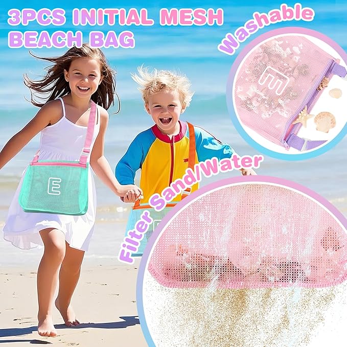 3Pcs Personalized Kids Beach Shell Bag, Initial Seashell Mesh Zipper Beach Pouch, Shell Collecting Bag for Holding Shells with Adjustable Straps, Sand Toys Swim Pouch Gift for Girl Boy Teens(Letter E)