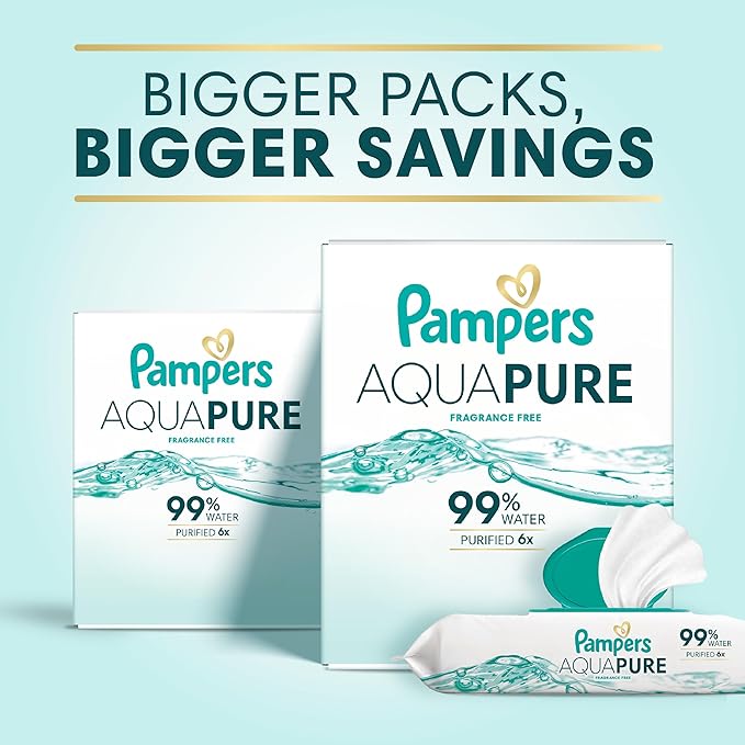 Pampers Aqua Pure Baby Wipes, 99% Water, Fragrance Free, Unscented, Water Based, Multi-Use, 896 Wipes Total (16X Flip-Top Packs) [Packaging May Vary]