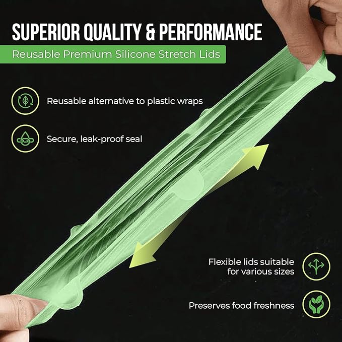 Reusable Silicone Stretch Lids for Food Storage in Fridge - Elastic Heat-Resistant Bowl Covers, Cups, Cans, Jars - Universal Food Grade Lid for Containers - 7 Pack - Light Green Stretchy Lid Set
