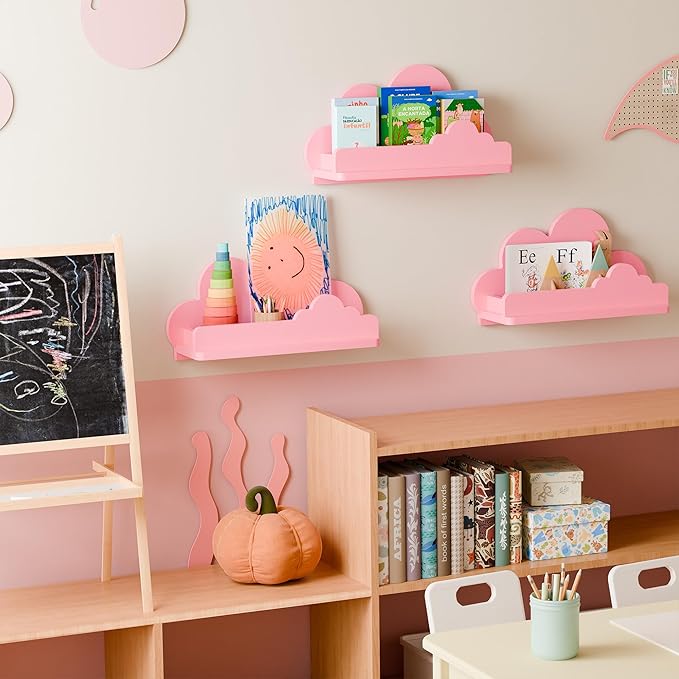 Cloud Shelves for Kid’s Room, 13’’ Long Nursery Wall Deor Set of 3, Pink Cloud Bookshelf Floating Shelf, Figure Shelf Wall Mounted, Cute Decorative Cloud Wall Shelf for Toys, Plants & Storage
