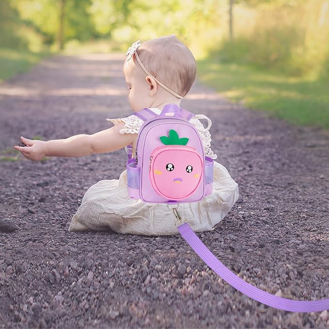 Accmor Toddler Backpack with Leash, 4 in 1 Kid Mini Backpacks with Anti Lost Wrist Link, Cute Child Harness Bag Rein for Outdoor, Peach Back Pack with Strap Tether for Baby Girl Aged 1-3 Years(Purple)