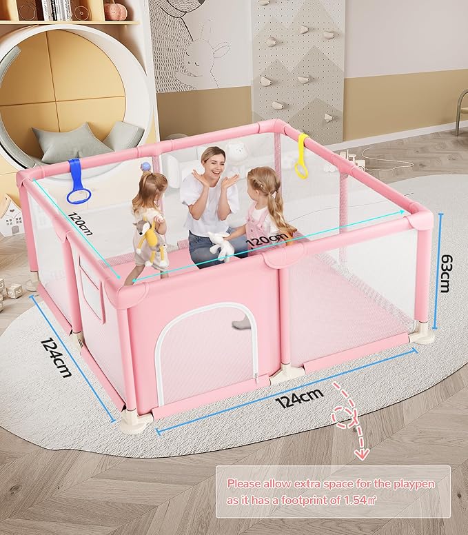 Dripex Baby Playpen, 52×52 Inch Small Playpen for Babies, Enhanced Safety Baby Play Yard for Indoor & Outdoor, Infant Play Pen with Soft Breathable Visible Mesh, Anti-Fall Design & Easy Setup, Pink