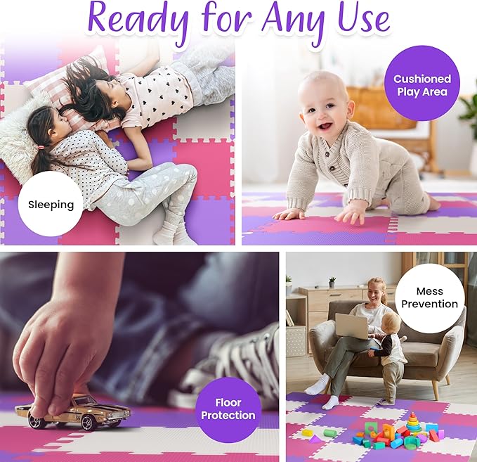 36 Tiles with Borders | 12" x 12" Baby Play Mat Foam Puzzle Floor Tiles | Non-Toxic Soft Waterproof Interlocking EVA Playmat for Nursery Playroom Playpen Toddler Tummy Mat
