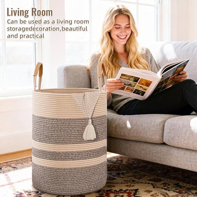 Degeyoyo 75L Striped Laundry Basket, Dark Brown Laundry Hamper with Leather Handles, Woven Cotton Rope Storage Bin for Blankets, Nursery Hamper for Clothes, Toys In Bathroom, Livingroom, Bedroom