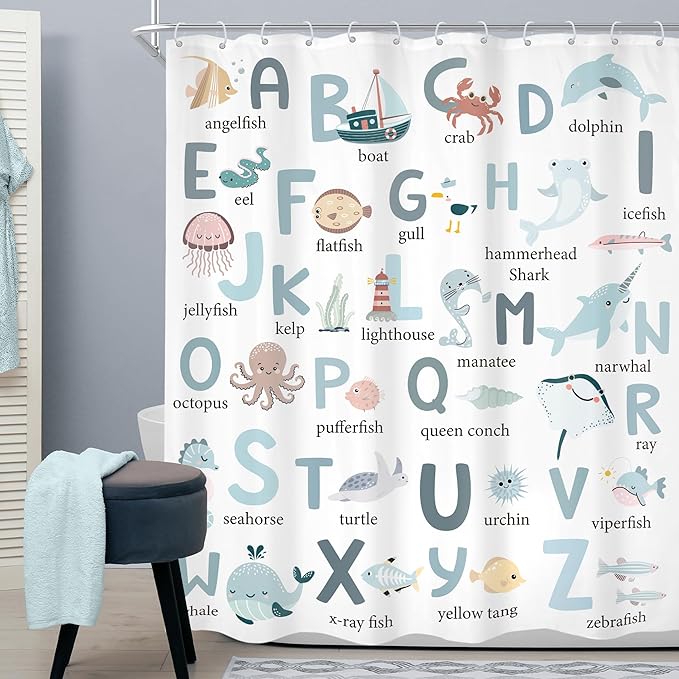 Kids Shower Curtain 60Wx72H Cute Cartoon Alphabet ABC Sea Animal Blue Educational Ocean Bathroom Curtain Set Baby Boys Girls Bath Curtain Cloth Fabric Beach Bathroom Decor with 12 Hooks