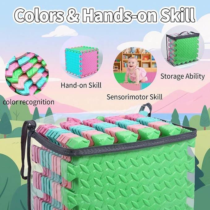 Coolcandy Baby Foam Play Mat 16Pcs with Edge Strips, 4 Colors Interlocking Floor Tiles, 0.4″ Thickened Non-Slip Puzzle Floor Mat for Infants Toddlers Playroom & Daycare
