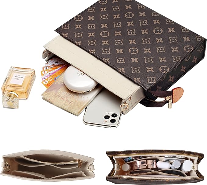 Soyizom Felt Hangbag Tote Organizer Insert Fits Toiletry Pouch 26x19 Messenger Bag Insert with Gold Buckle&Keychain (Beige)