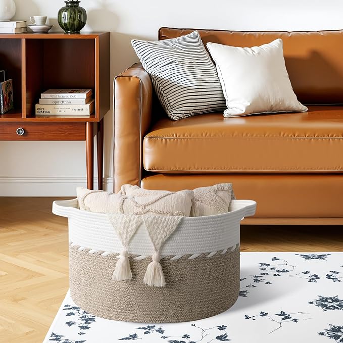 OIAHOMY 90L Blanket Basket for Living Room, Large Basket 23" x 23" x 13" with Handle, Laundry Hamper for Blankets, Pillows, Toy Storage for Kids, Dogs - Light Brown & White