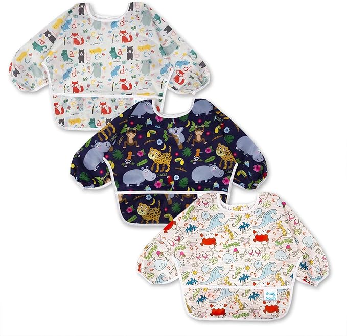3 Pcs Long Sleeved Bib Set | Baby Waterproof Bibs with Pocket Bundle Toddler Bib with Sleeves and Crumb Catcher 6-24 Months