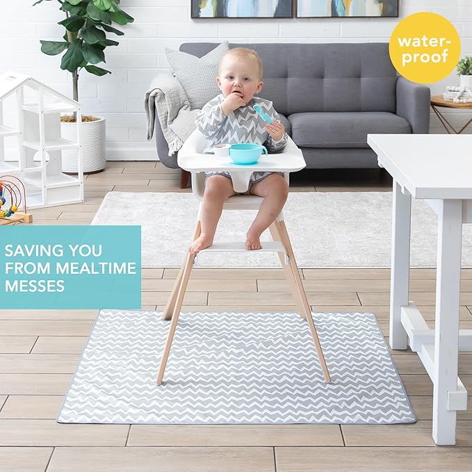 Bumkins Baby Splat Mat for Under High Chair, Babies Toddlers Eating Mess Mat, Waterproof Reusable Cloth for Arts and Crafts, Playtime Mat for Kids, Floors or Tables, Fabric 42inx42in, Gray Chevron