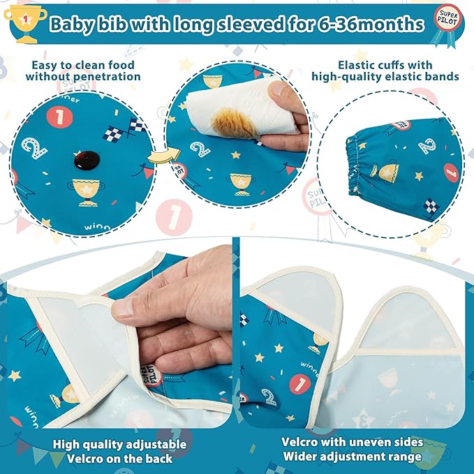 Little Dimsum Mess-Proof Baby Bibs|Infant Toddler Long Sleeve Waterproof Feeding Smock|Catching Food & Wipe Clean