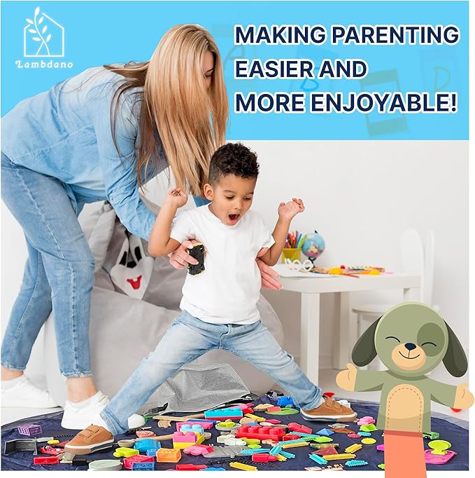 Portable Toy Storage Basket & Play Mat with Pocket Label - 9.3 Gallon Toy Organizer - Leather Handles, 60" Playmat - Toy Bag for Boys & Girls, Playroom, Grey