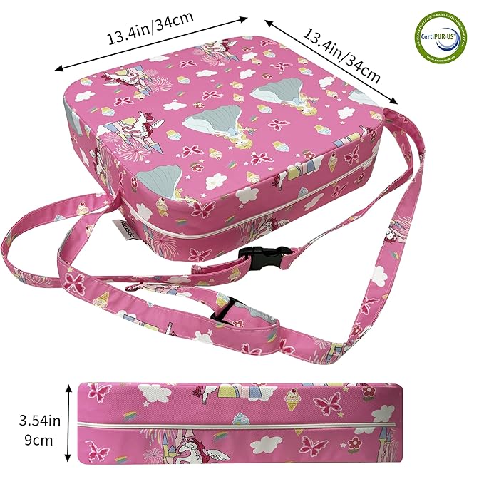 Toddler Booster Seat for Dining Table, Waterproof Kids Booster Seat for Kitchen Chair, High Density Foam Cushion with Non-Slip Bottom, Washable Cover & Adjustable Straps (Pink Castle)