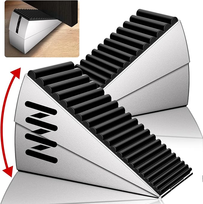 2 Pack Heavy Duty Metal Door Stop, Strongest Large Adjustable Spring Door Stopper Up to 3 inch Tall, Door Stoppers for Bottom of Door, Silver Rubber Door Wedge for Any Heavy Doors