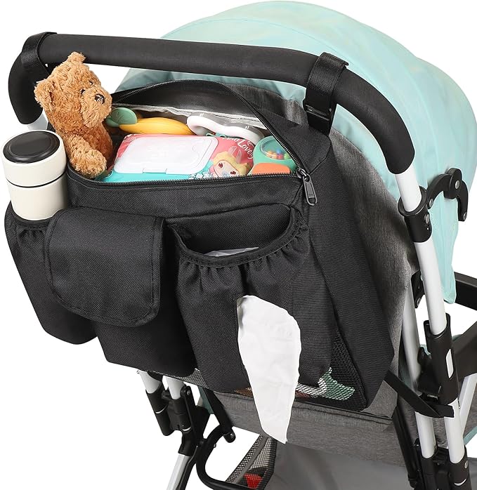 Accmor Stroller Organizer, Universal Large Capacity Stroller Bag Caddy Organizer Accessories for Uppababy, Nuna, Doona, Britax Strollers, Black